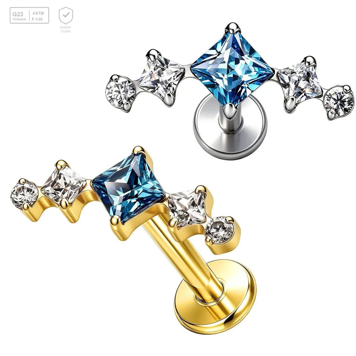 Blue Square Gem Arc Titanium Labret Stud