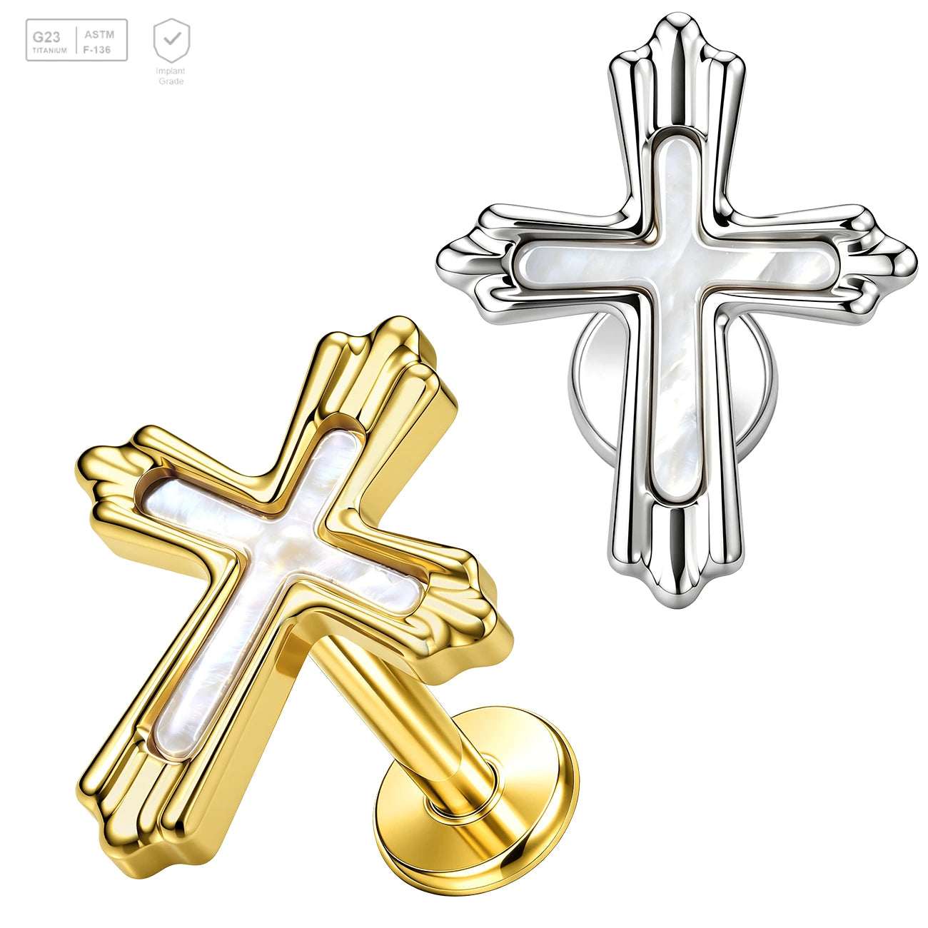Pack of 5 G23 ASTM F136 Titanium Labret Stud | Threadless Push-In & Internally Threaded | Gold Plated Cross Ear Studs Body