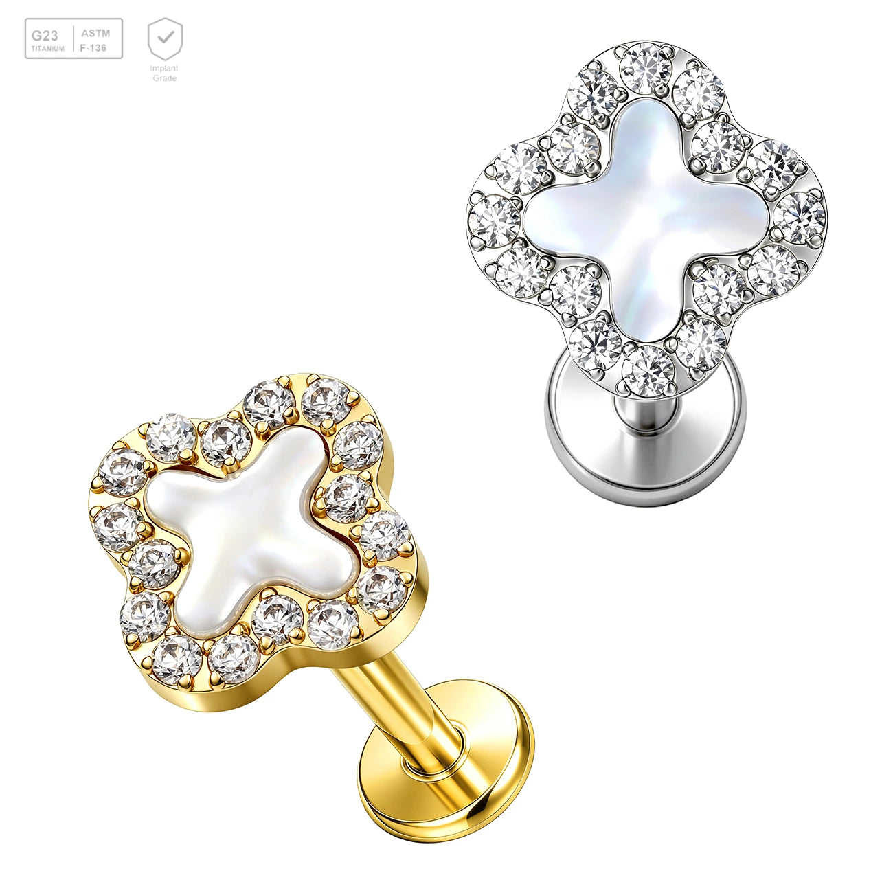 Pack of 5 G23 ASTM F136 Titanium Labret Stud | Threadless Push-In & Internally Threaded | Four Leafs Clover Zircon Mother of
