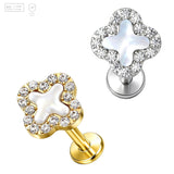 Pack of 5 G23 ASTM F136 Titanium Labret Stud | Threadless Push-In & Internally Threaded | Four Leafs Clover Zircon Mother of