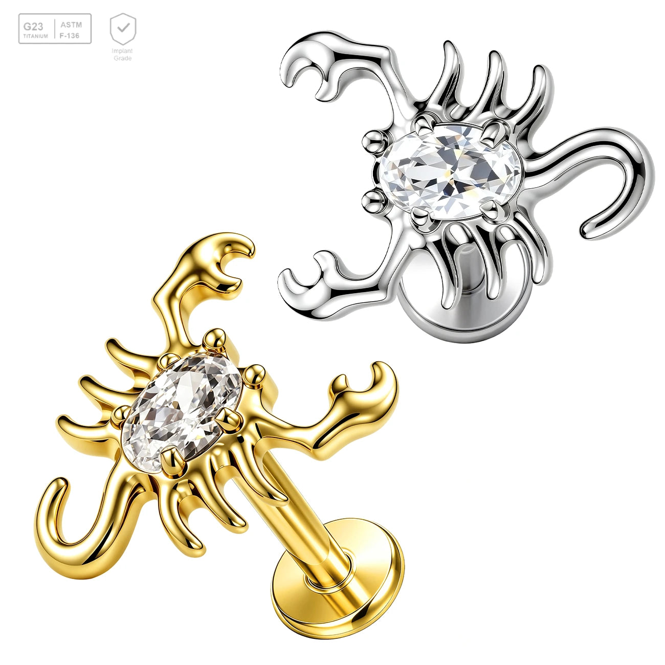 Pack of 5 G23 ASTM F136 Titanium Labret Stud | Threadless Push-In & Internally Threaded | Zircon Asscher Cut Claw Setting