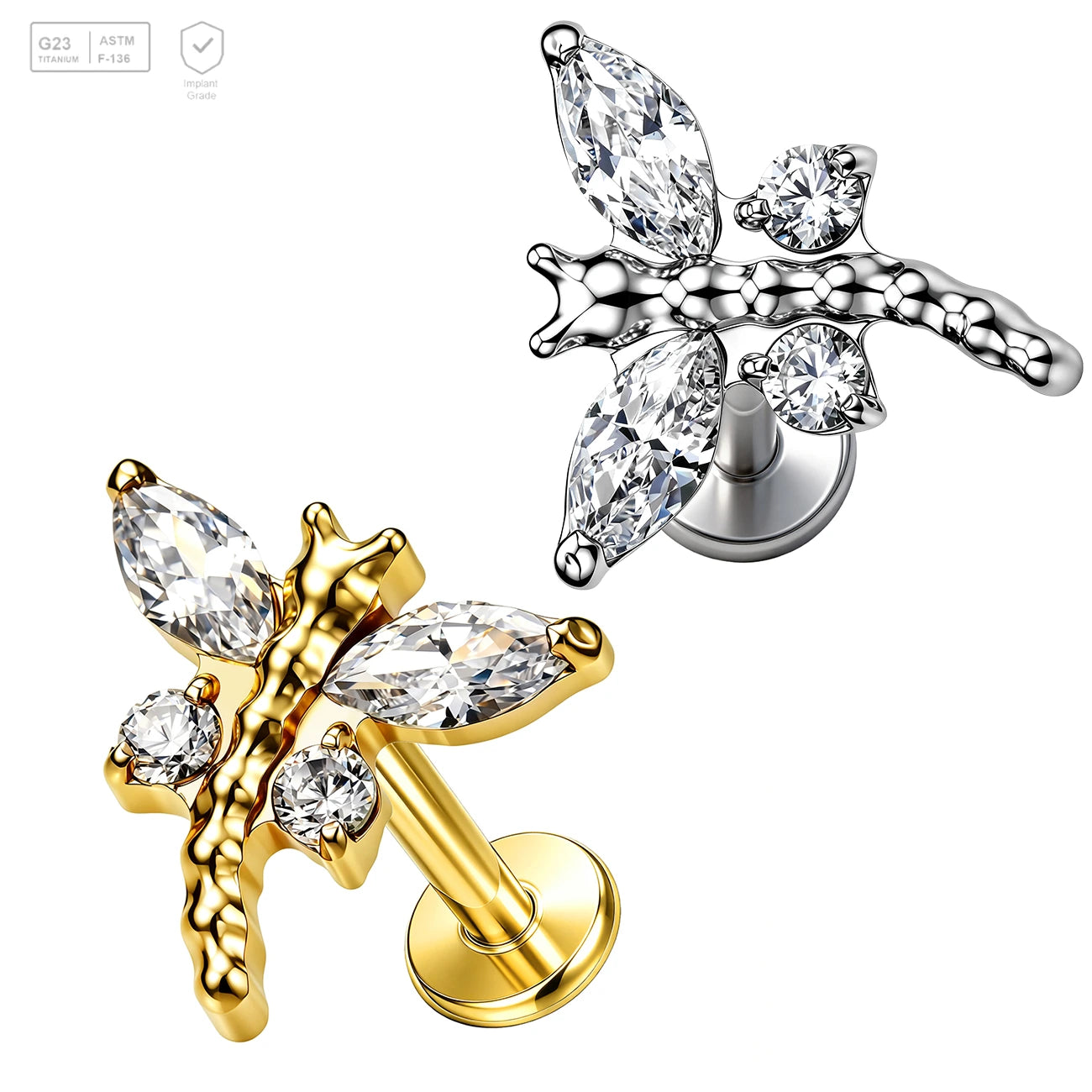 Pack of 5 G23 ASTM F136 Titanium Labret Stud | Threadless Push-In & Internally Threaded | Flat Back CZ Claw Setting 24K Gold
