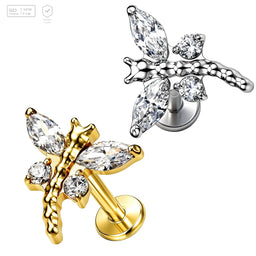 Pack of 5 G23 ASTM F136 Titanium Labret Stud | Threadless Push-In & Internally Threaded | Flat Back CZ Claw Setting 24K Gold