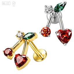 Pack of 5 G23 ASTM F136 Titanium Labret Stud | Threadless Push-In & Internally Threaded | CZ Cherry Flat Back Helix Cartilage