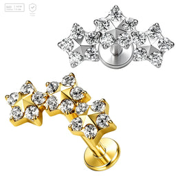 Pack of 5 G23 ASTM F136 Titanium Labret Stud | Threadless Push-In & Internally Threaded | Earing Lip With Triple CZ Flower