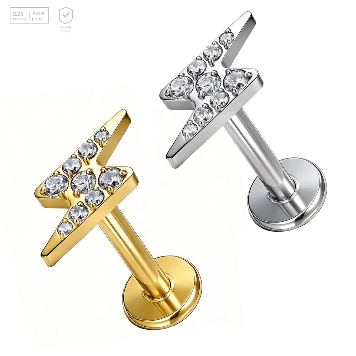 Pack of 5 G23 ASTM F136 Titanium Labret Stud | Threadless Push-In & Internally Threaded | Children's Zircon Inlaid Tragus