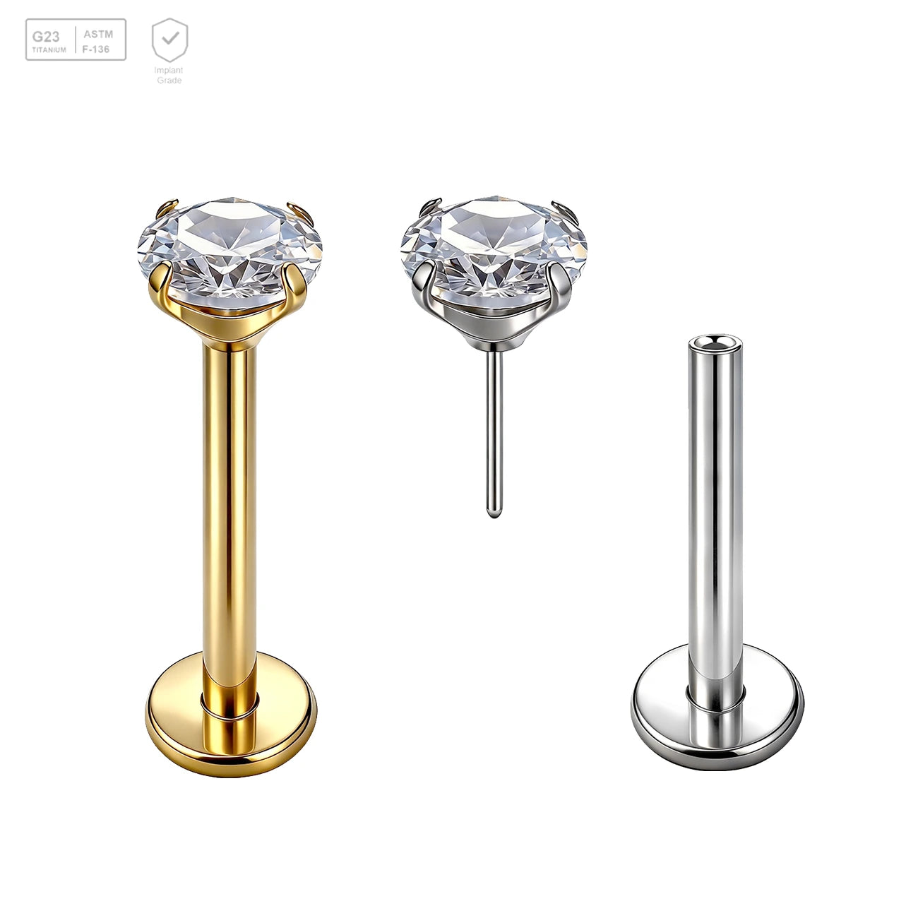 Pack of 5 G23 ASTM F136 Titanium Labret Stud | Threadless Push-In & Internally Threaded | Gold Plated Insert Push Pin Zircon