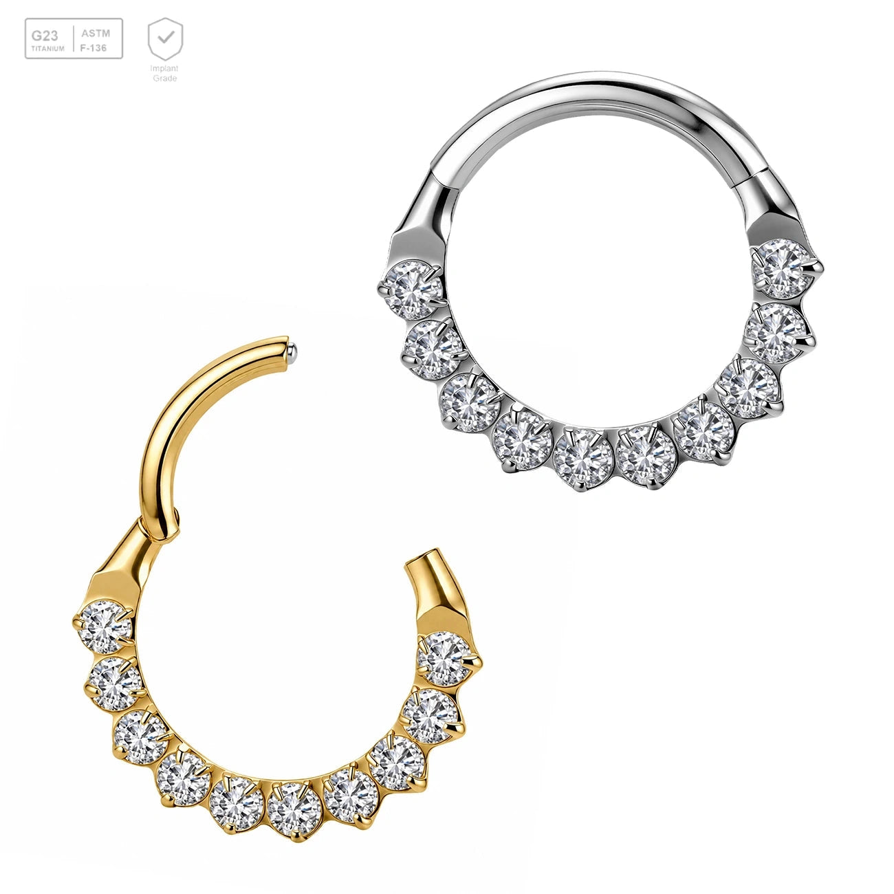 Pack of 5 G23 ASTM F136 Titanium Hinged Segment Ring | Nose Ring with Zircon Septum Clicker Body Piercing Jewelry for Gift