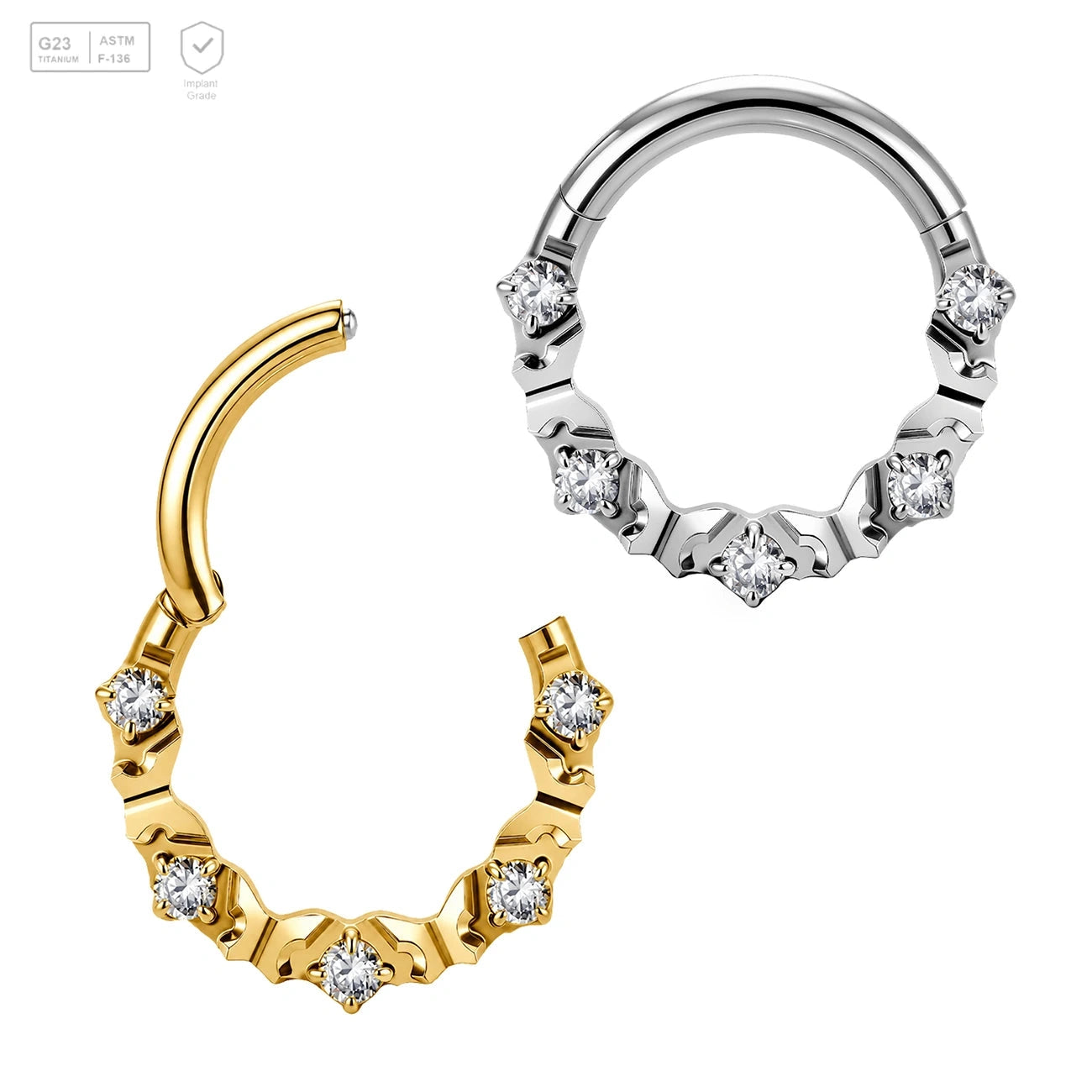 Pack of 5 G23 ASTM F136 Titanium Hinged Segment Ring | Nose Ring Round Cut Zircon Piercing Nose Ring Piercing