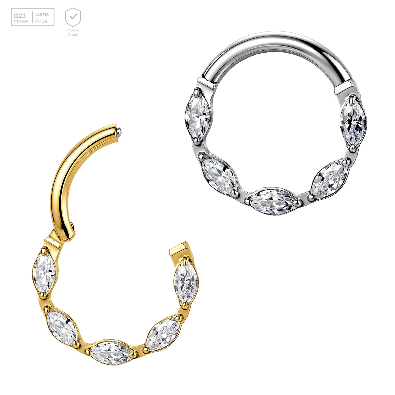 Pack of 5 G23 ASTM F136 Titanium Hinged Segment Ring | Daith Hoop Cluster Nose Gold Plated Zircon Nose Rings for Weddings