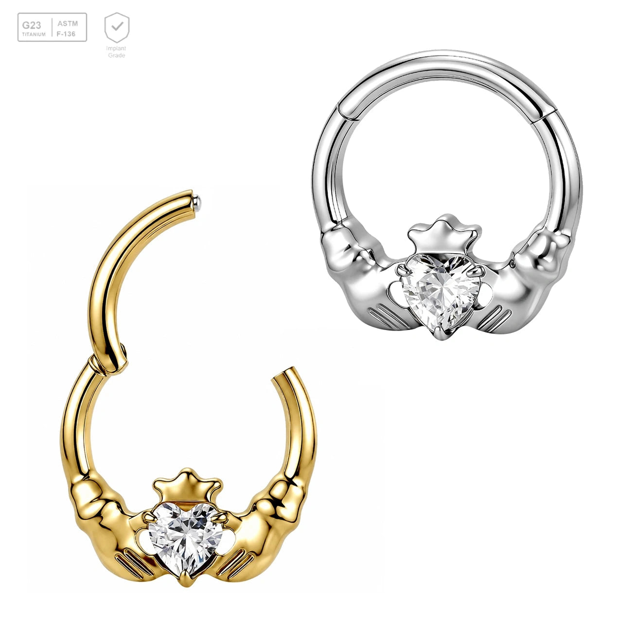 Pack of 5 G23 ASTM F136 Titanium Hinged Segment Ring | Nose Piercing Asscher Cut CZ Heart Design Punk Style