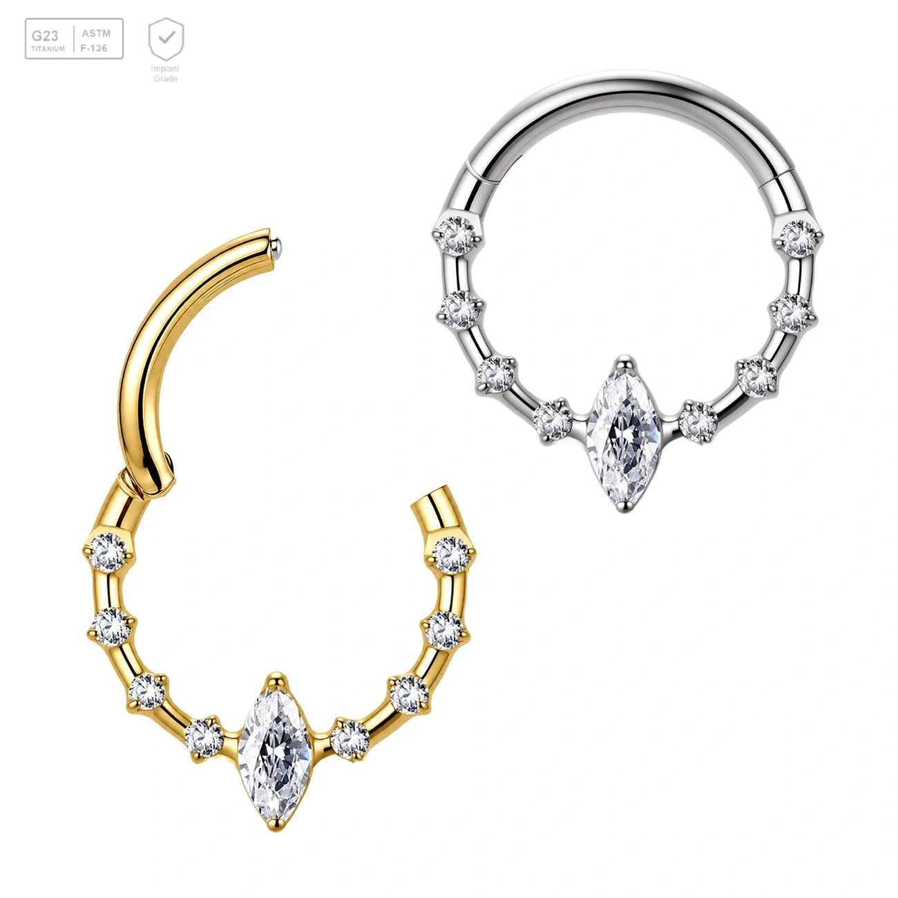 Pack of 5 G23 ASTM F136 Titanium Hinged Segment Ring | 16G Hinged Daith Segment Hoop Nose Ring Gold Plated Zircon Nose Piercing
