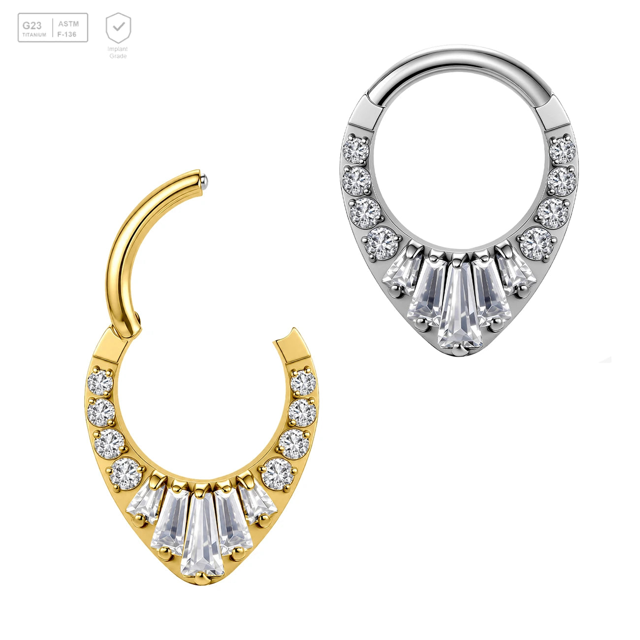 Pack of 5 G23 ASTM F136 Titanium Hinged Segment Ring | 16G Septum Nose Ring Water Drop V Shape Zircon for Wedding Helix Nose