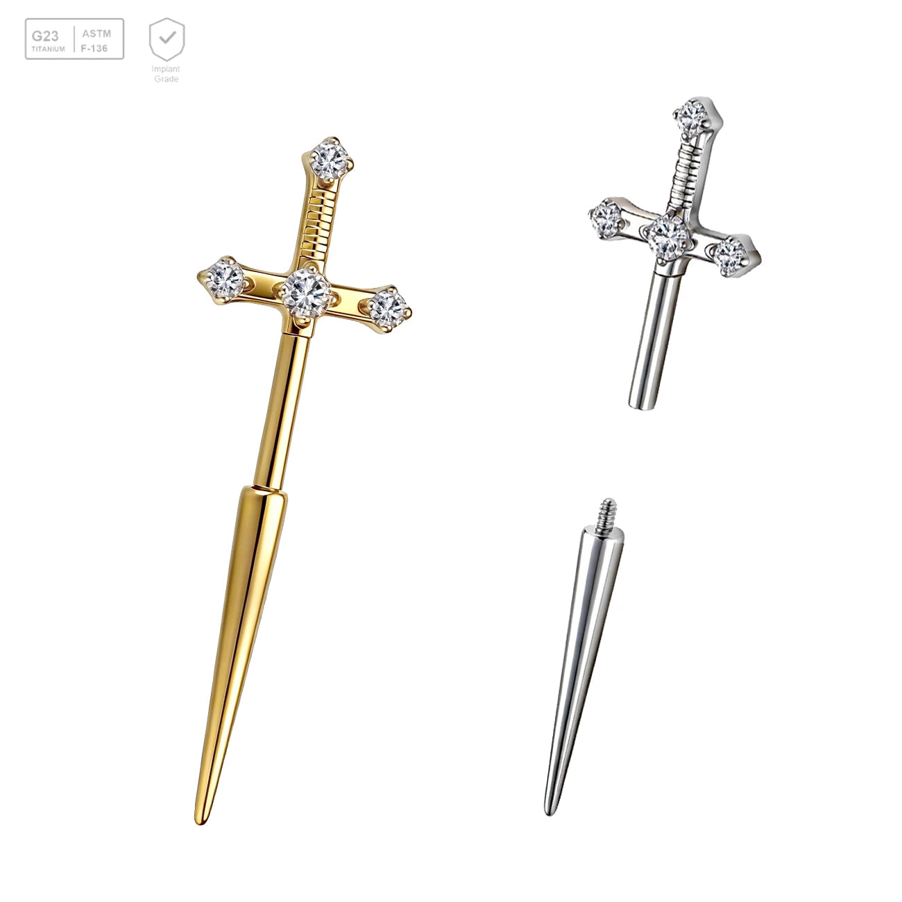 Pack of 5 G23 ASTM F136 Titanium Straight Barbell | Sword Earrings Gold Plated Helix Tragus Cartilage Labret Piercing Zircon Ear Studs