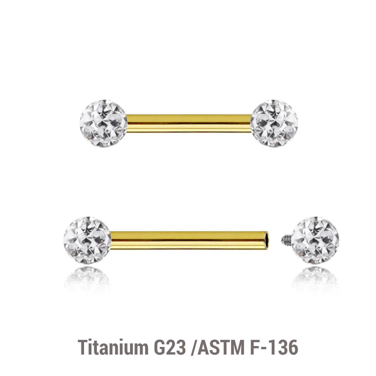 Pack of 5 Gold PVD plated titanium internally threaded tragus barbells, Thickness 1.2mm, with two 3mm multi-crystal balls with epoxy resin cover
