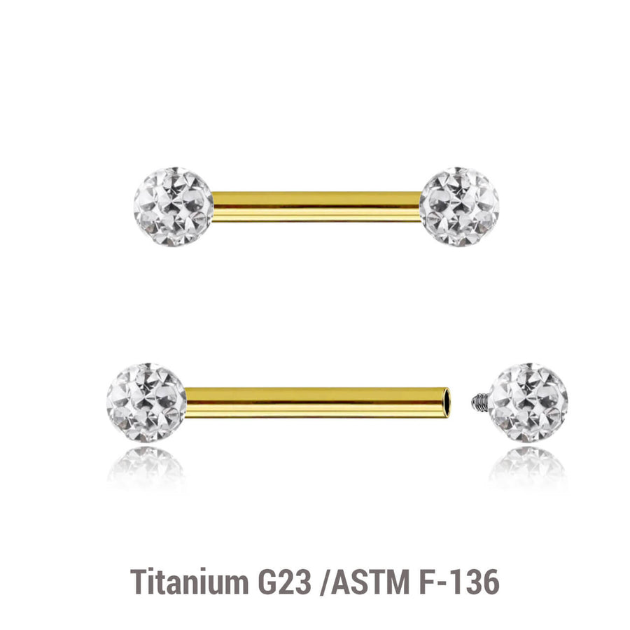 Pack of 5 Gold PVD plated titanium internally threaded tragus barbells, Thickness 1.2mm, with two 3mm multi-crystal balls with epoxy resin cover
