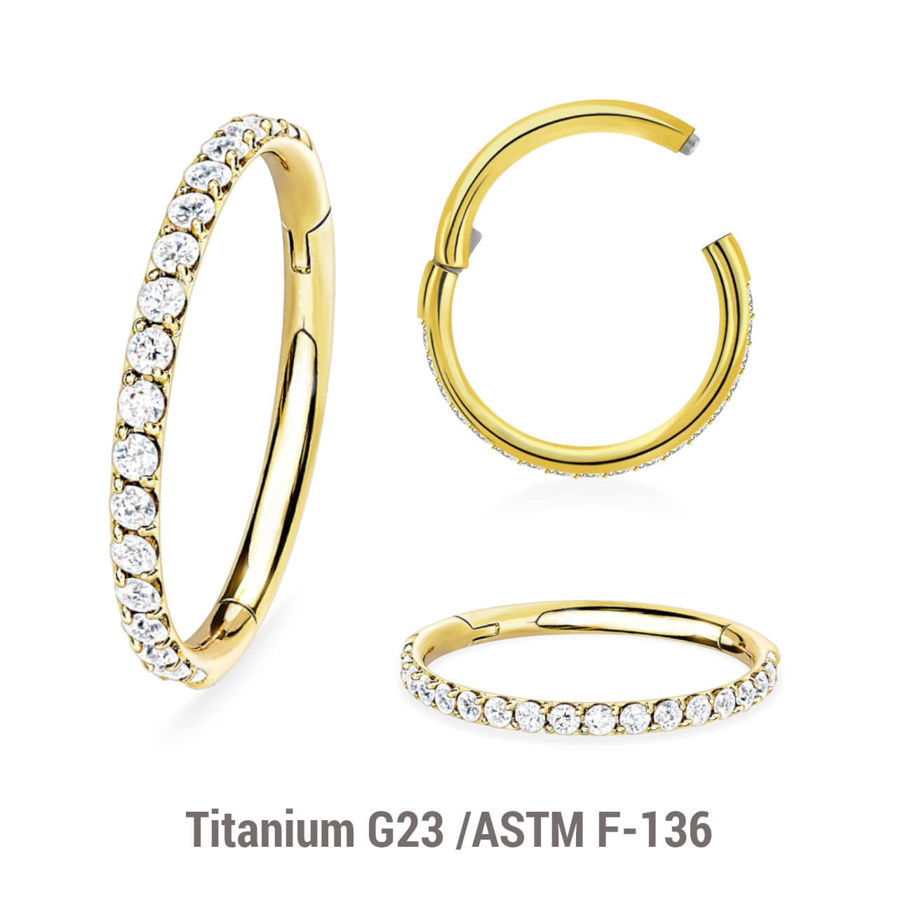 Wholesale Pack of 5 Gold PVD plated Titanium G23 hinged segment rings with outward facing prong set CZ on 3/4 of the circumference