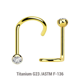 Pack of 10 PVD plated Titanium G23 nose screws with 2.5mm rounded top with bezel set crystal, thickness 0.8mm