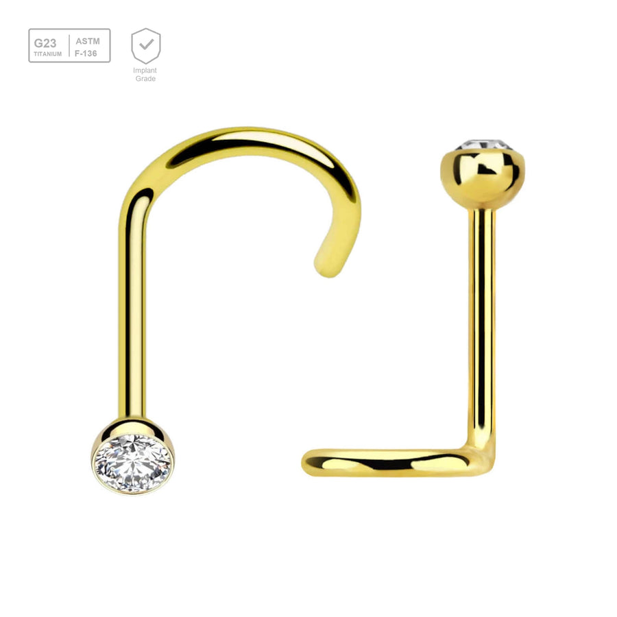 Pack of 10 PVD plated Titanium G23 nose screws with 2.5mm rounded top with bezel set crystal, thickness 0.8mm - G23 ASTM F-136 implant grade titanium body jewelry