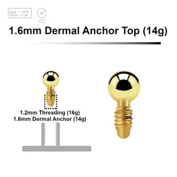 Pack of 10 Gold PVD plated Titanium G23 ball shaped dermal anchor tops in size 2mm, internal thread size 1.2mm - G23 ASTM F-136 implant grade titanium body jewelry