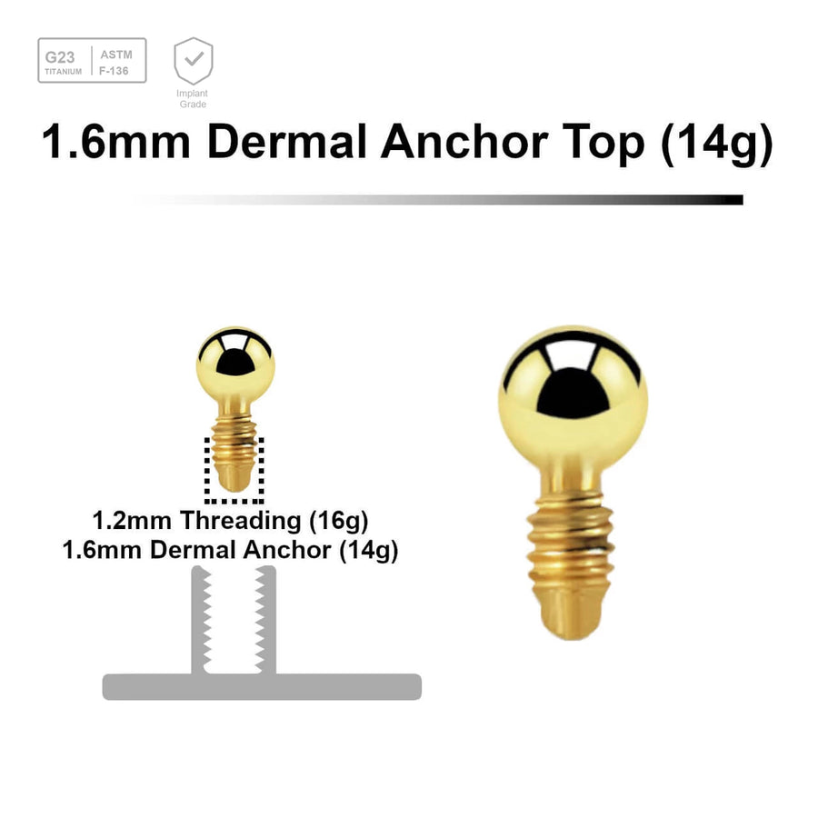 Pack of 10 Gold PVD plated Titanium G23 ball shaped dermal anchor tops in size 2mm, internal thread size 1.2mm - G23 ASTM F-136 implant grade titanium body jewelry