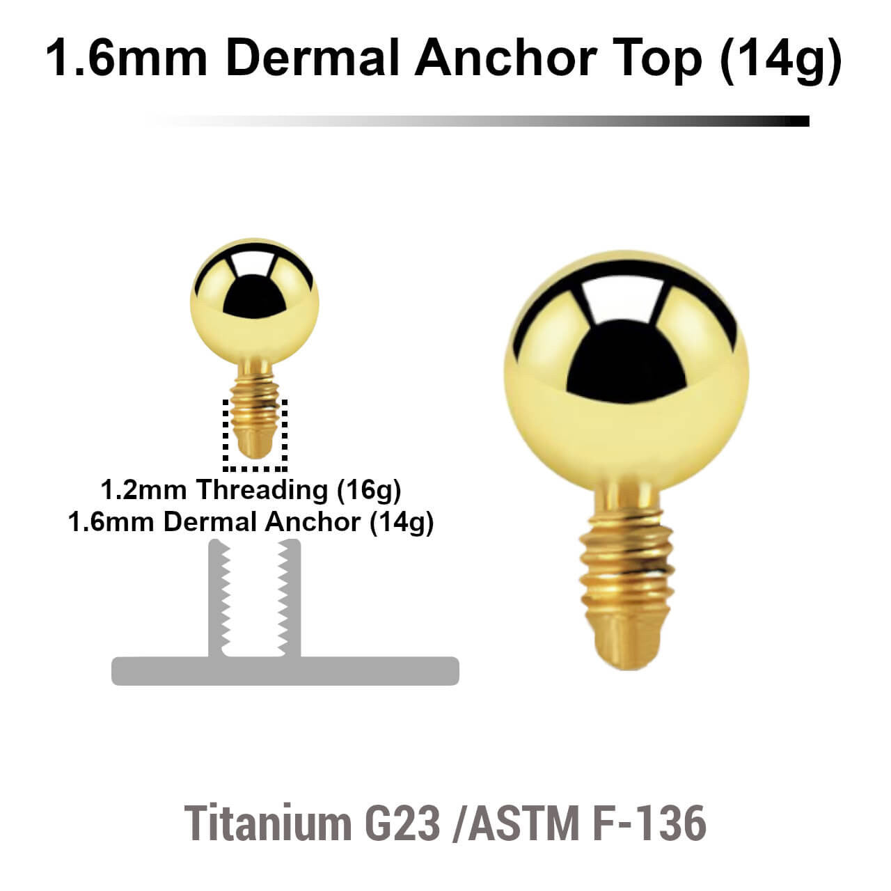 Pack of 10 Gold PVD plated Titanium G23 ball shaped dermal anchor tops in size 3mm, internal thread size 1.2mm