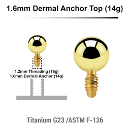 Pack of 10 Gold PVD plated Titanium G23 ball shaped dermal anchor tops in size 3mm, internal thread size 1.2mm