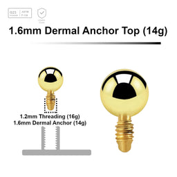 Pack of 10 Gold PVD plated Titanium G23 ball shaped dermal anchor tops in size 3mm, internal thread size 1.2mm - G23 ASTM F-136 implant grade titanium body jewelry