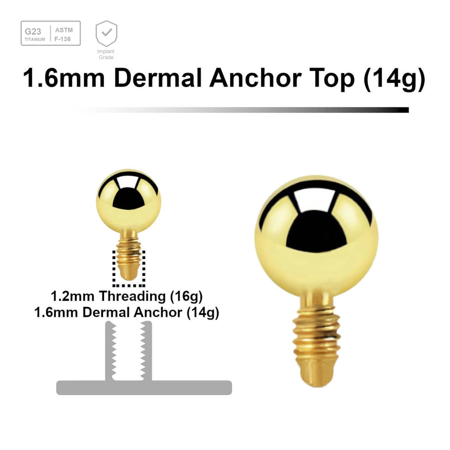 Pack of 10 Gold PVD plated Titanium G23 ball shaped dermal anchor tops in size 3mm, internal thread size 1.2mm - G23 ASTM F-136 implant grade titanium body jewelry