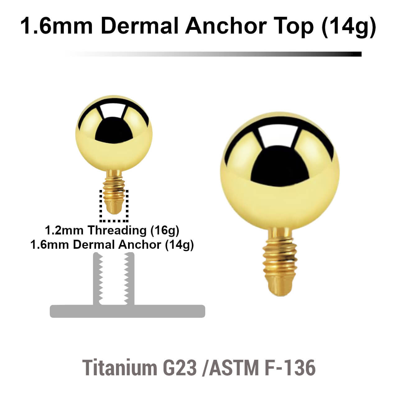 Pack of 10 Gold PVD plated Titanium G23 ball shaped dermal anchor tops in size 4mm, internal thread size 1.2mm