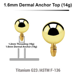 Pack of 10 Gold PVD plated Titanium G23 ball shaped dermal anchor tops in size 4mm, internal thread size 1.2mm