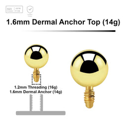 Pack of 10 Gold PVD plated Titanium G23 ball shaped dermal anchor tops in size 4mm, internal thread size 1.2mm - G23 ASTM F-136 implant grade titanium body jewelry