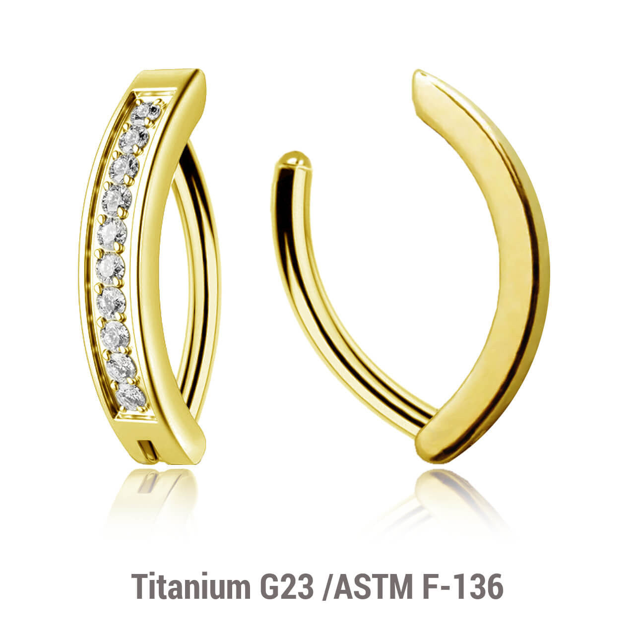 Pack of 3 Gold PVD plated Titanium hinged belly bananas with forward facing round CZ stones, Thickness 1.6mm