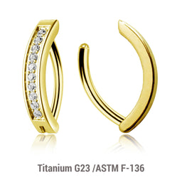 Pack of 3 Gold PVD plated Titanium hinged belly bananas with forward facing round CZ stones, Thickness 1.6mm