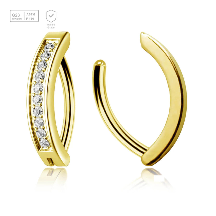 Pack of 3 Gold PVD plated Titanium hinged belly bananas with forward facing round CZ stones, Thickness 1.6mm - G23 ASTM F-136 implant grade titanium body jewelry