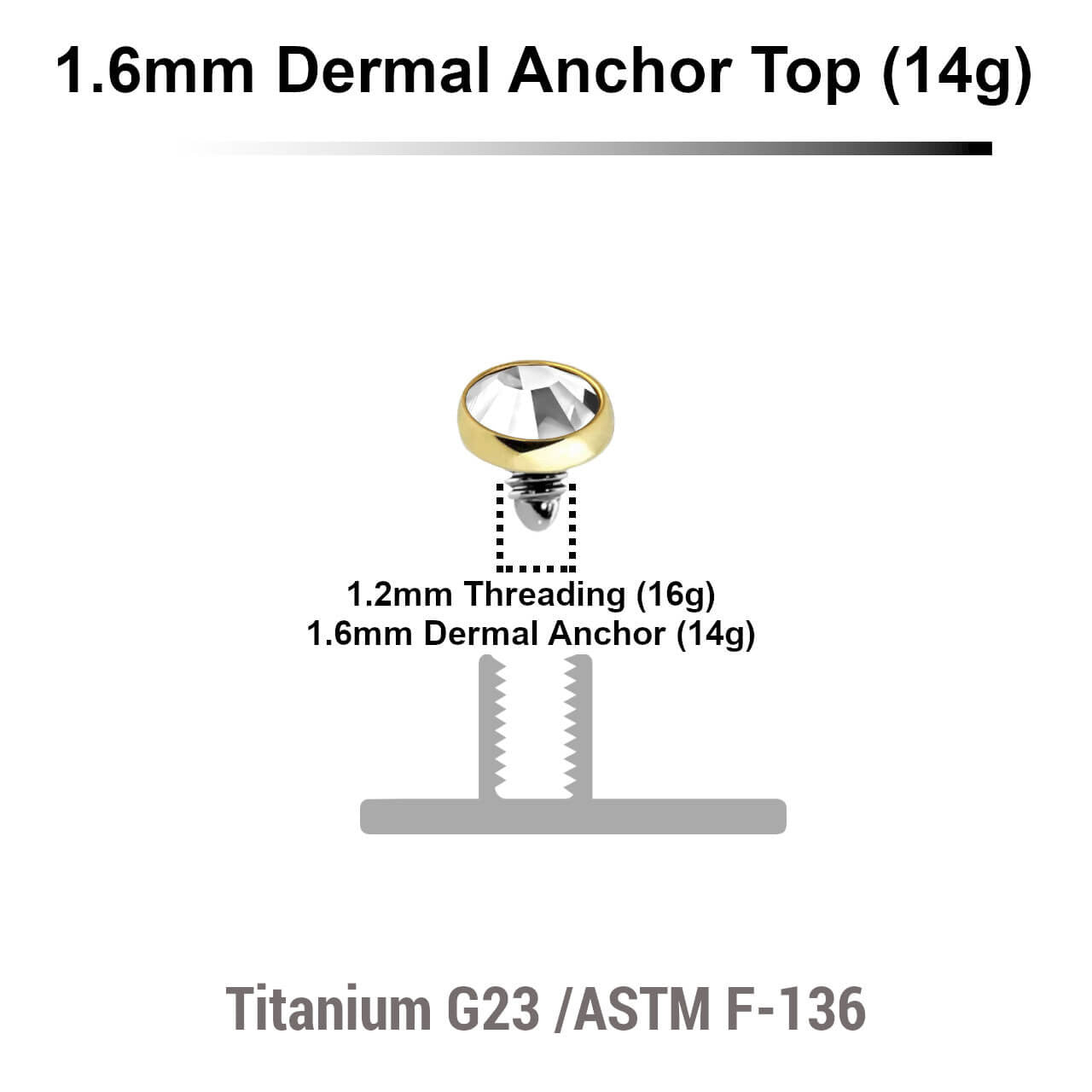 Pack of 10 Gold PVD plated Titanium G23 flat disk dermal anchor tops with bezel set crystal, size 3mm, internal thread size 1.2mm