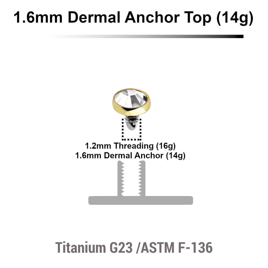 Pack of 10 Gold PVD plated Titanium G23 flat disk dermal anchor tops with bezel set crystal, size 3mm, internal thread size 1.2mm