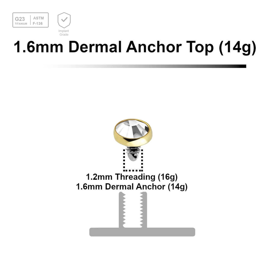 Pack of 10 Gold PVD plated Titanium G23 flat disk dermal anchor tops with bezel set crystal, size 3mm, internal thread size 1.2mm - G23 ASTM F-136 implant grade titanium body jewelry
