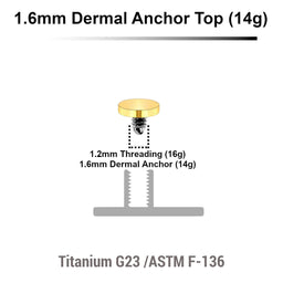 Pack of 10 Gold PVD plated Titanium G23 flat disk dermal anchor tops in size 3mm, internal thread size 1.2mm