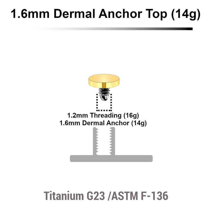 Pack of 10 Gold PVD plated Titanium G23 flat disk dermal anchor tops in size 3mm, internal thread size 1.2mm