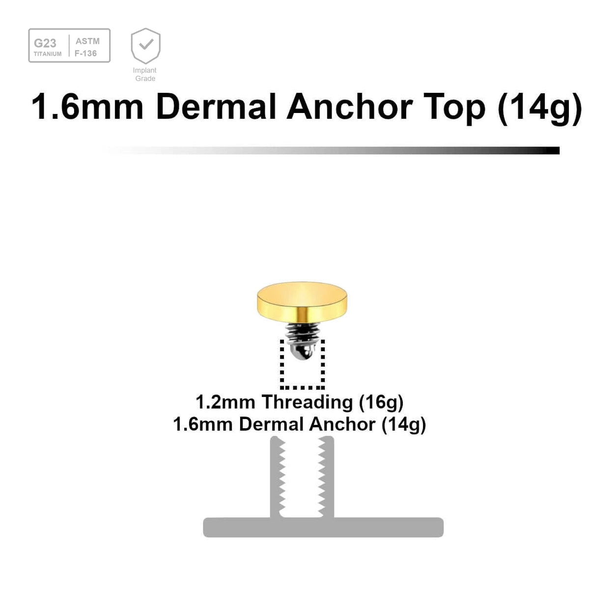 Pack of 10 Gold PVD plated Titanium G23 flat disk dermal anchor tops in size 3mm, internal thread size 1.2mm - G23 ASTM F-136 implant grade titanium body jewelry