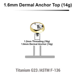 Pack of 10 Gold PVD plated Titanium G23 flat disk dermal anchor tops with bezel set crystal, size 4mm, internal thread size 1.2mm