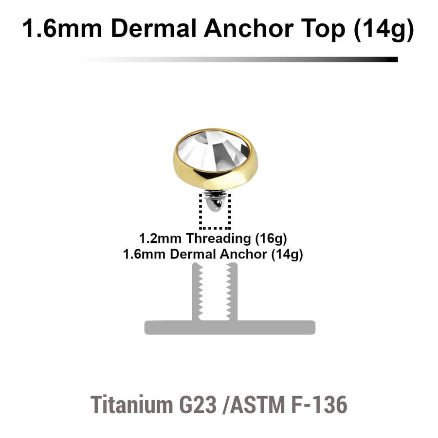 Pack of 10 Gold PVD plated Titanium G23 flat disk dermal anchor tops with bezel set crystal, size 4mm, internal thread size 1.2mm