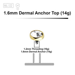 Pack of 10 Gold PVD plated Titanium G23 flat disk dermal anchor tops with bezel set crystal, size 4mm, internal thread size 1.2mm - G23 ASTM F-136 implant grade titanium body jewelry