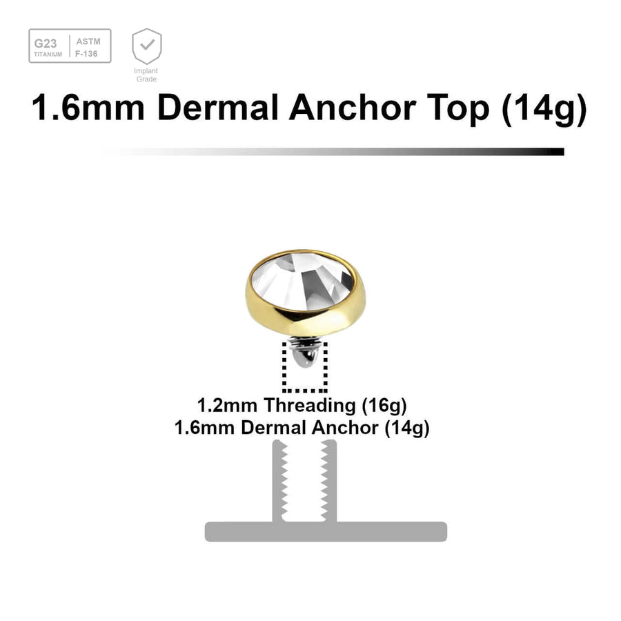 Pack of 10 Gold PVD plated Titanium G23 flat disk dermal anchor tops with bezel set crystal, size 4mm, internal thread size 1.2mm - G23 ASTM F-136 implant grade titanium body jewelry