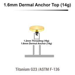 Pack of 10 Gold PVD plated Titanium G23 flat disk dermal anchor tops in size 4mm, internal thread size 1.2mm