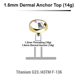 Pack of 10 Gold PVD plated Titanium G23 flat disk dermal anchor tops with bezel set crystal, size 5mm, internal thread size 1.2mm