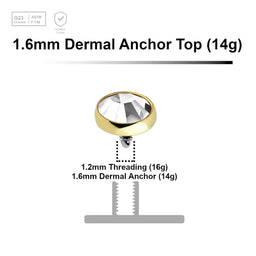Pack of 10 Gold PVD plated Titanium G23 flat disk dermal anchor tops with bezel set crystal, size 5mm, internal thread size 1.2mm - G23 ASTM F-136 implant grade titanium body jewelry