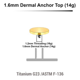 Pack of 10 Gold PVD plated Titanium G23 flat disk dermal anchor tops in size 5mm, internal thread size 1.2mm