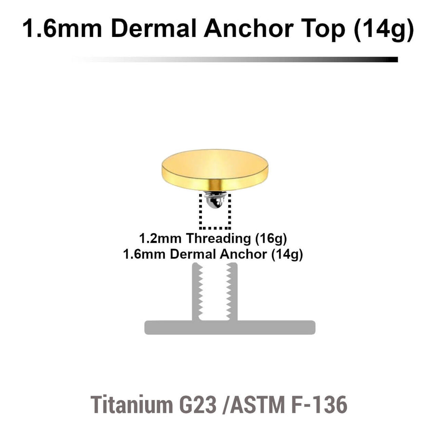 Pack of 10 Gold PVD plated Titanium G23 flat disk dermal anchor tops in size 5mm, internal thread size 1.2mm